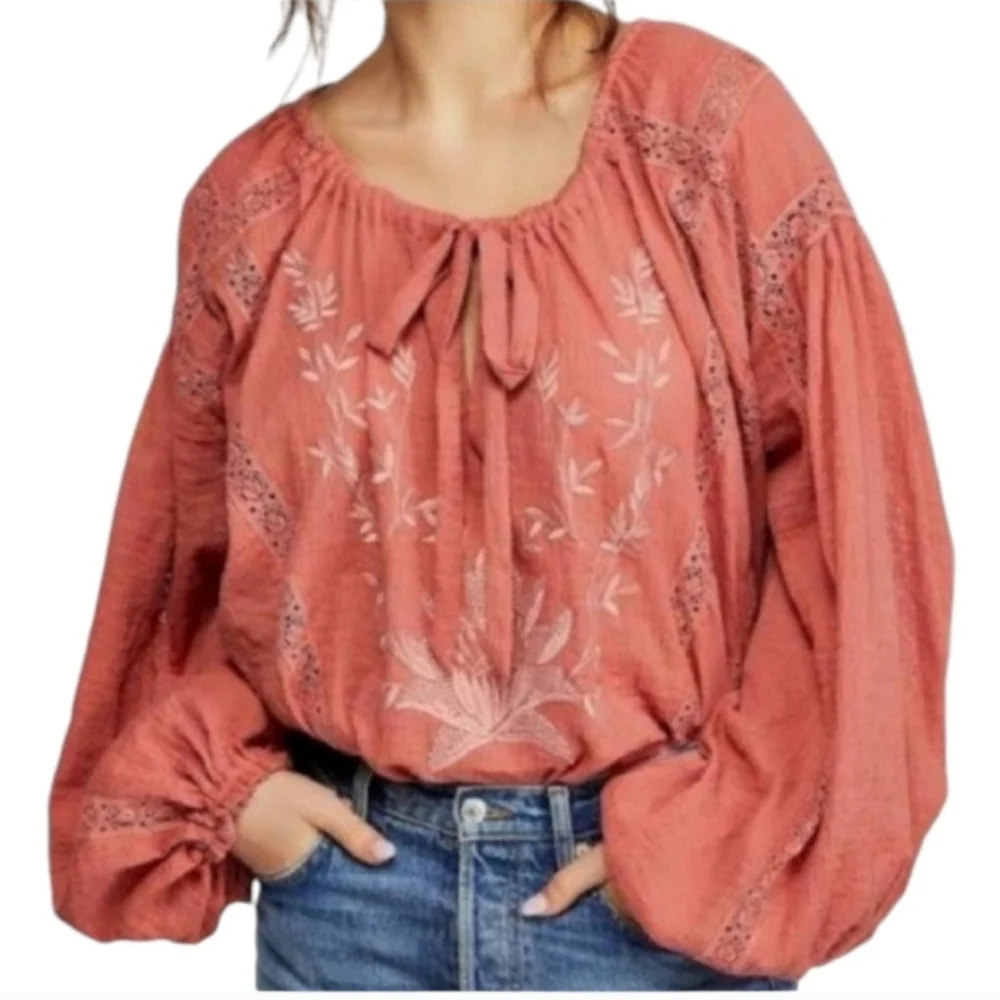 Free People Maria Maria Embroidered Top in Athena Puff Sleeve Size XS